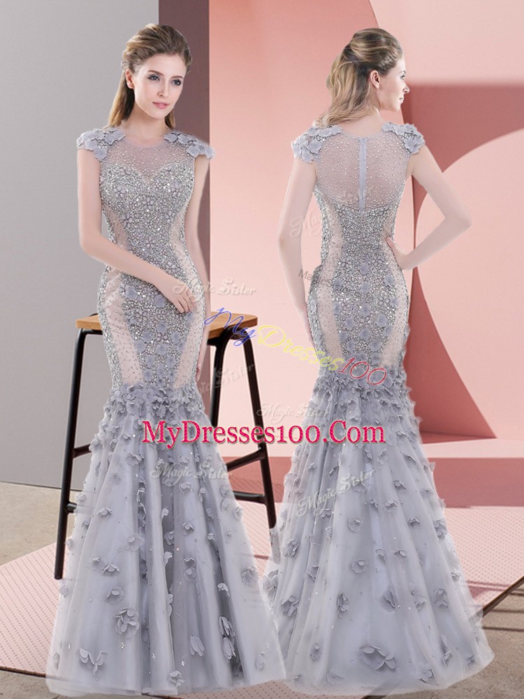 Grey Tulle Lace Up Prom Dresses Cap Sleeves Floor Length Beading and Lace and Hand Made Flower