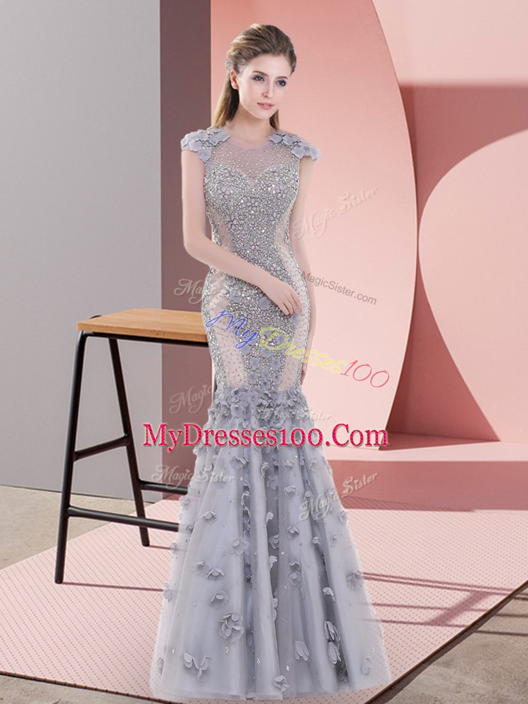 Grey Tulle Lace Up Prom Dresses Cap Sleeves Floor Length Beading and Lace and Hand Made Flower