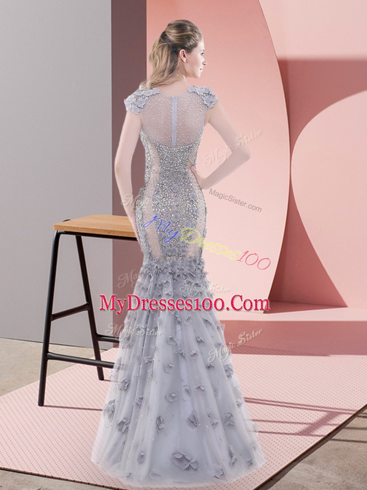 Grey Tulle Lace Up Prom Dresses Cap Sleeves Floor Length Beading and Lace and Hand Made Flower