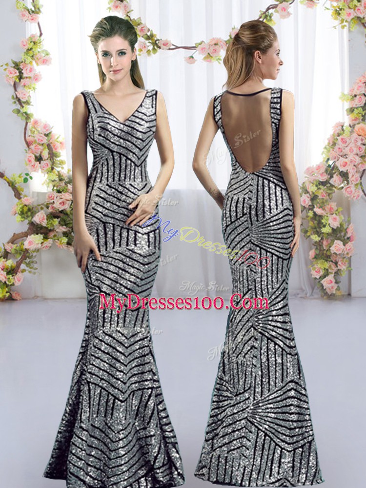 Classical Silver Side Zipper Bridesmaid Gown Sequins Sleeveless Floor Length