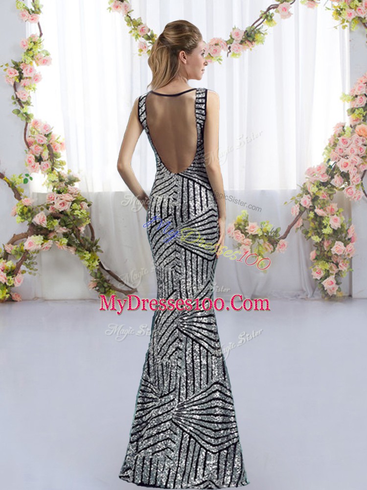 Classical Silver Side Zipper Bridesmaid Gown Sequins Sleeveless Floor Length