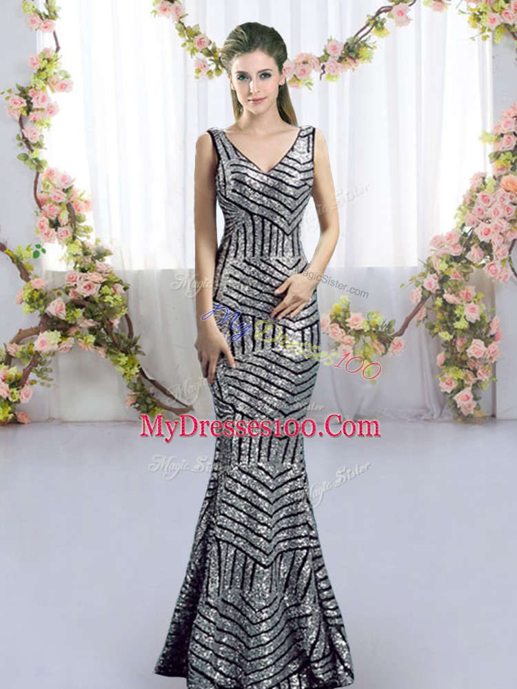 Classical Silver Side Zipper Bridesmaid Gown Sequins Sleeveless Floor Length