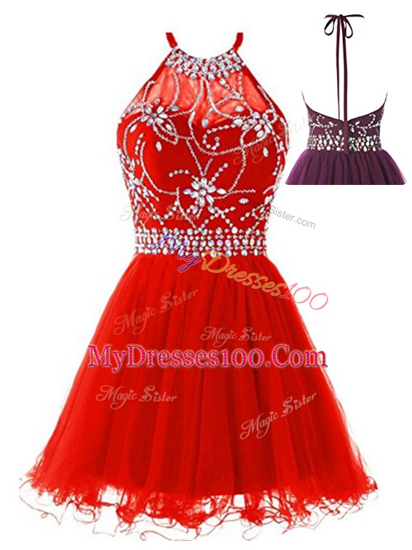 Red Halter Top Neckline Beading Prom Party Dress Sleeveless Backless