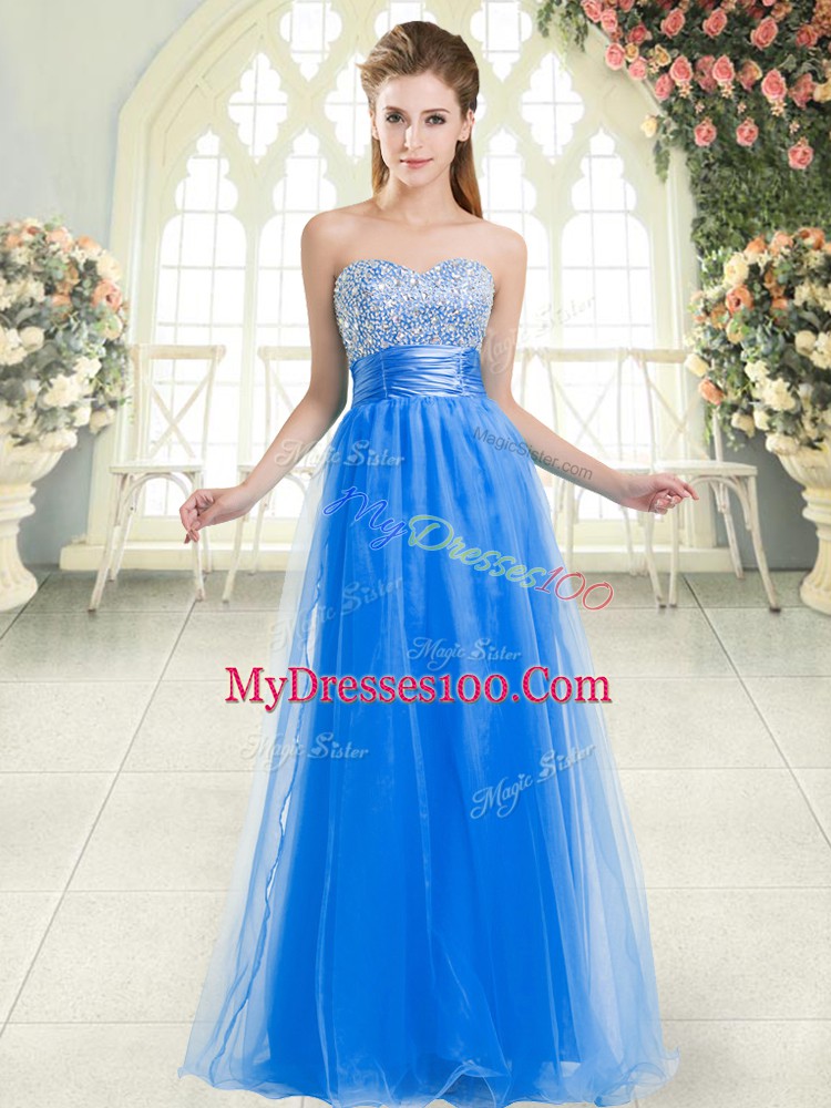 Blue Lace Up Prom Gown Beading Sleeveless Floor Length