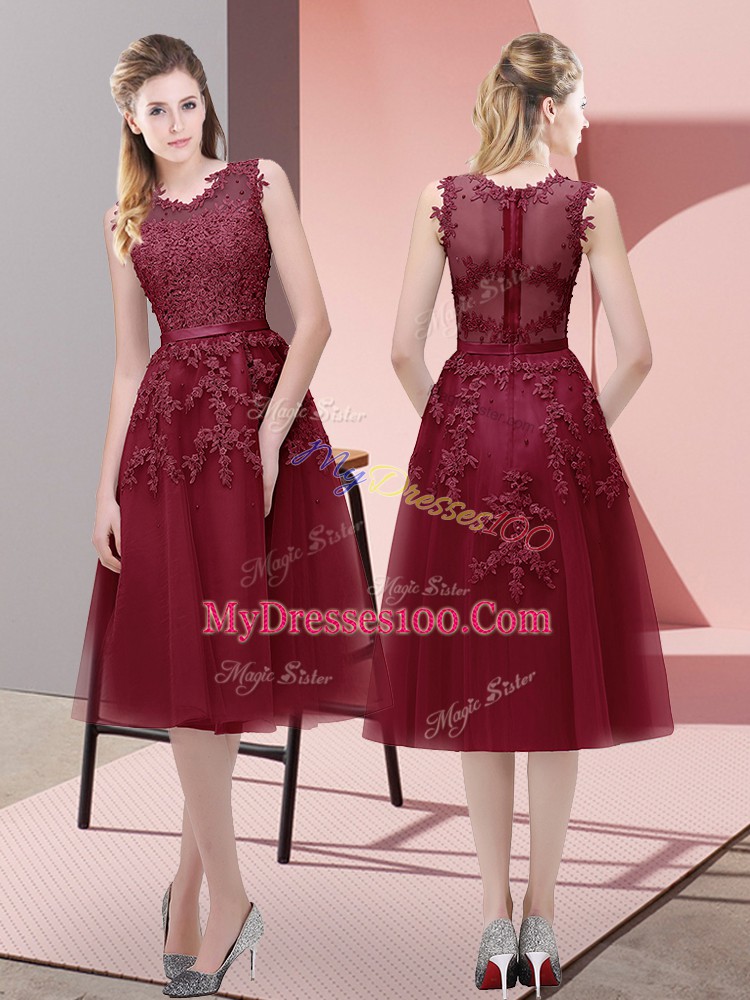 A-line Burgundy V-neck Tulle Sleeveless Tea Length Lace Up