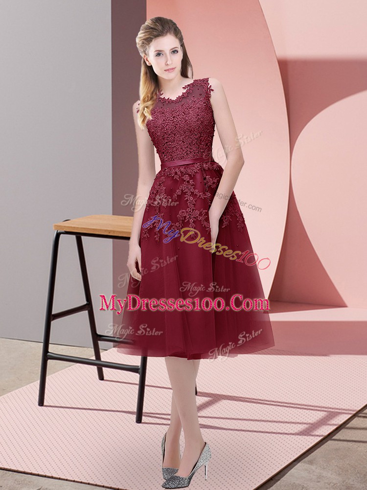 A-line Burgundy V-neck Tulle Sleeveless Tea Length Lace Up