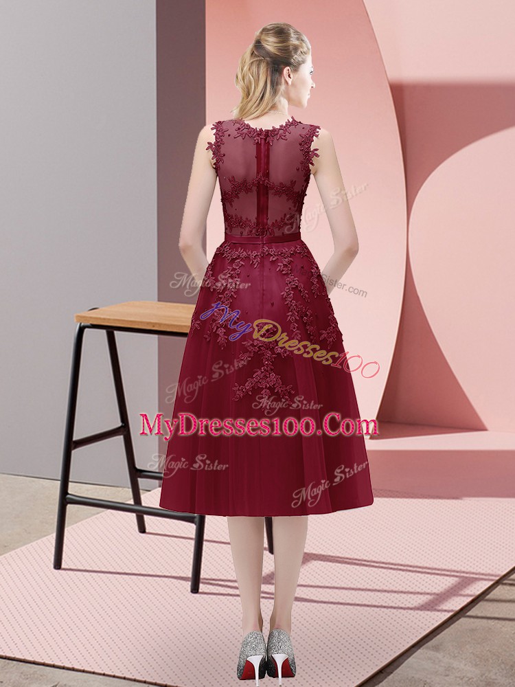 A-line Burgundy V-neck Tulle Sleeveless Tea Length Lace Up