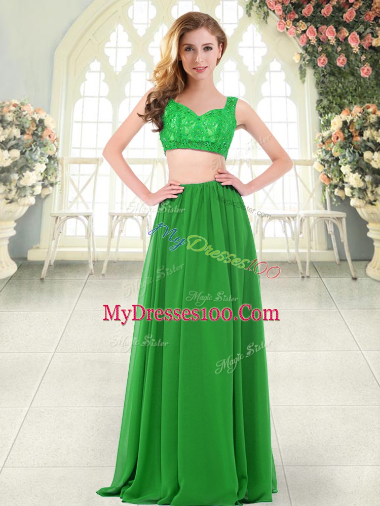 Green Chiffon Zipper Straps Sleeveless Floor Length Evening Dress Beading and Lace