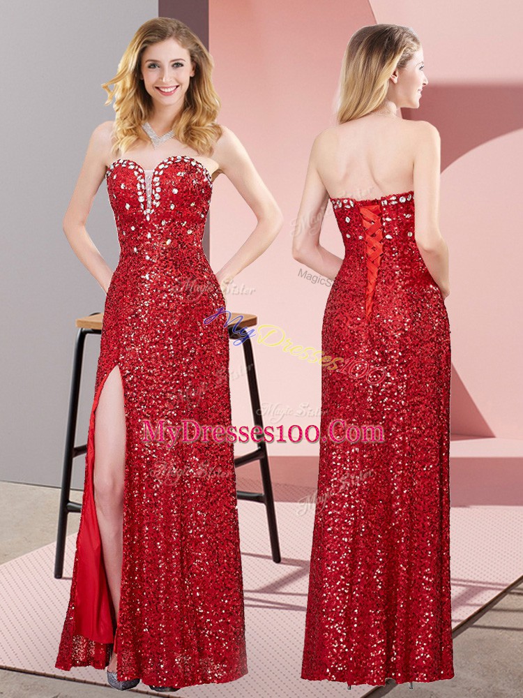 Beautiful Floor Length Red Prom Gown Sequined Sleeveless Beading and Lace