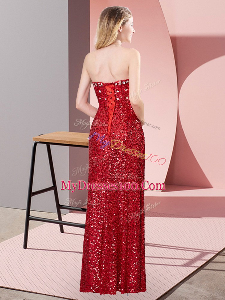 Beautiful Floor Length Red Prom Gown Sequined Sleeveless Beading and Lace