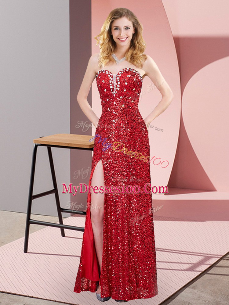 Beautiful Floor Length Red Prom Gown Sequined Sleeveless Beading and Lace