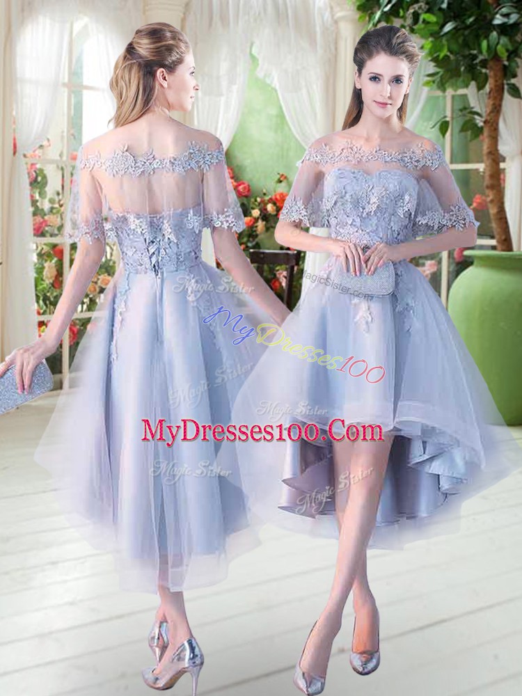 Amazing High Low Light Blue Prom Gown Off The Shoulder Half Sleeves Lace Up