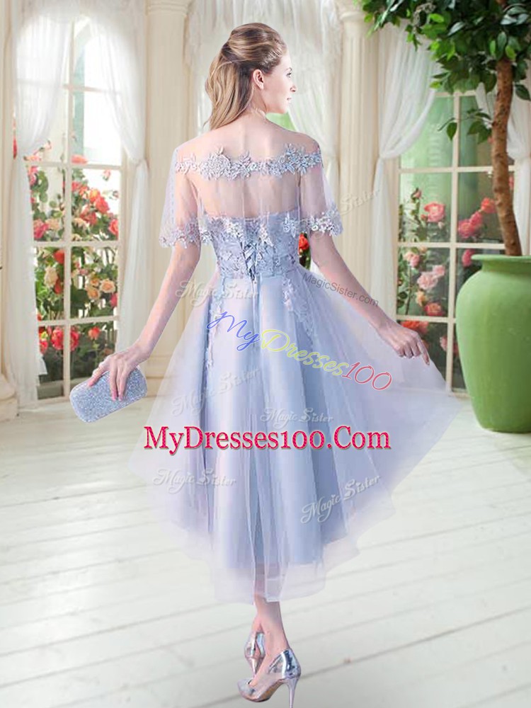 Amazing High Low Light Blue Prom Gown Off The Shoulder Half Sleeves Lace Up