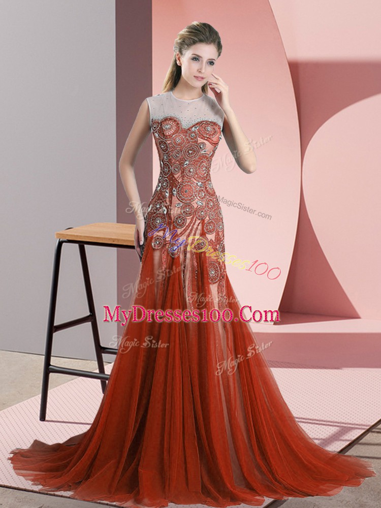 Edgy Rust Red Sleeveless Beading Backless Evening Party Dresses