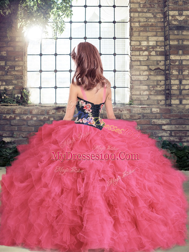 Glorious Sleeveless Lace Up Floor Length Embroidery and Ruffles Pageant Dress Toddler