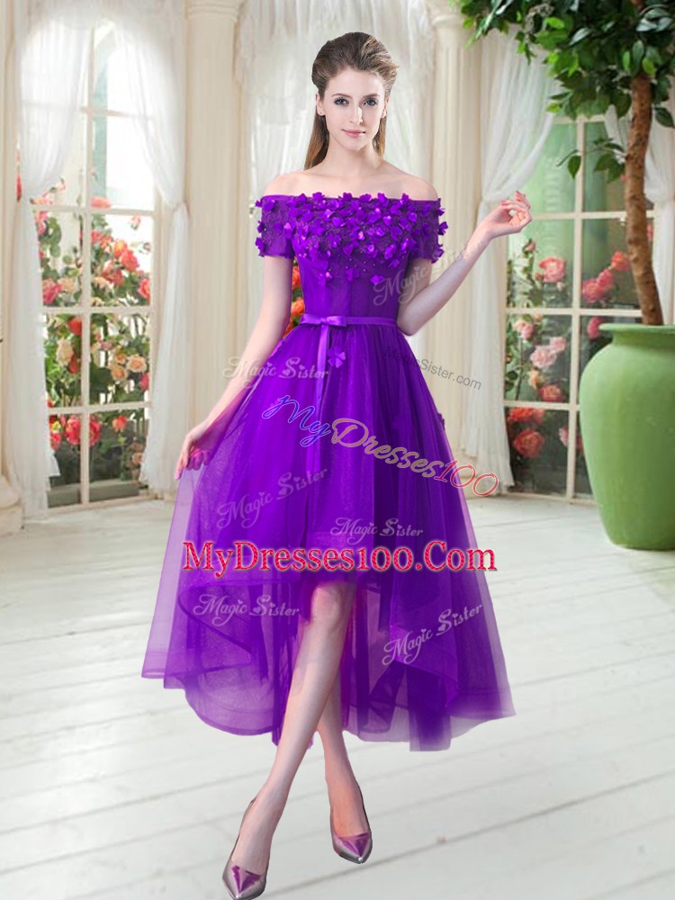 Customized Purple A-line Appliques Homecoming Dress Lace Up Tulle Short Sleeves High Low