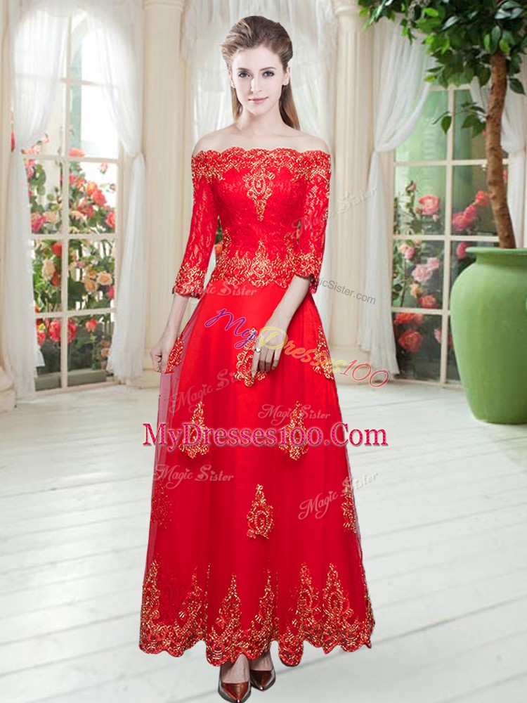 Lace and Appliques Evening Dress Red 3 4 Length Sleeve Floor Length