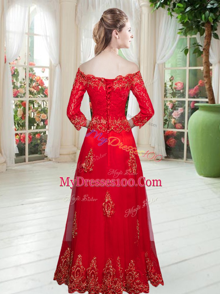 Lace and Appliques Evening Dress Red 3 4 Length Sleeve Floor Length