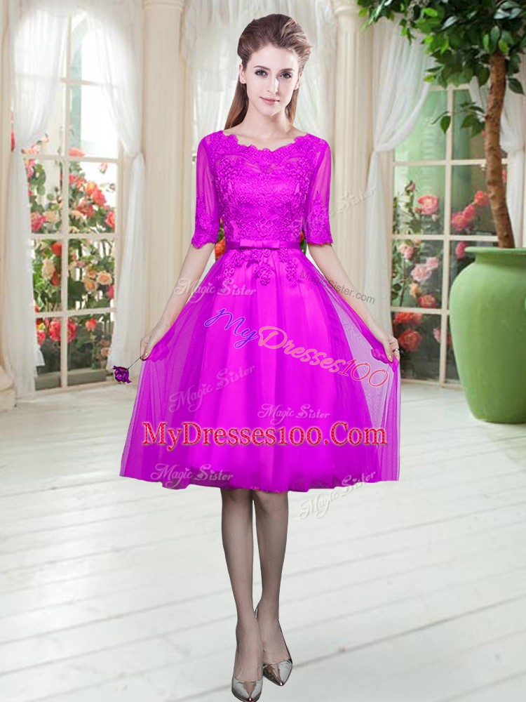 Knee Length Fuchsia Scoop Half Sleeves Lace Up