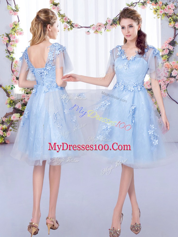 Classical Tulle V-neck Short Sleeves Lace Up Appliques Bridesmaid Dress in Light Blue
