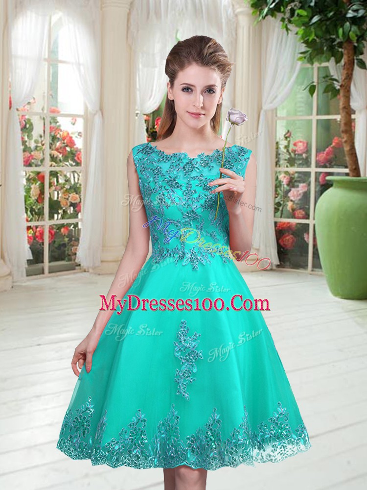 A-line Evening Dress Turquoise Scoop Tulle Sleeveless Knee Length Lace Up