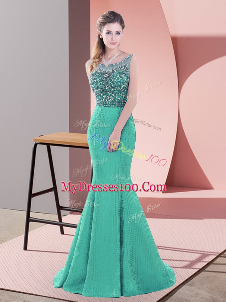 Sleeveless Sweep Train Beading Backless Prom Dresses