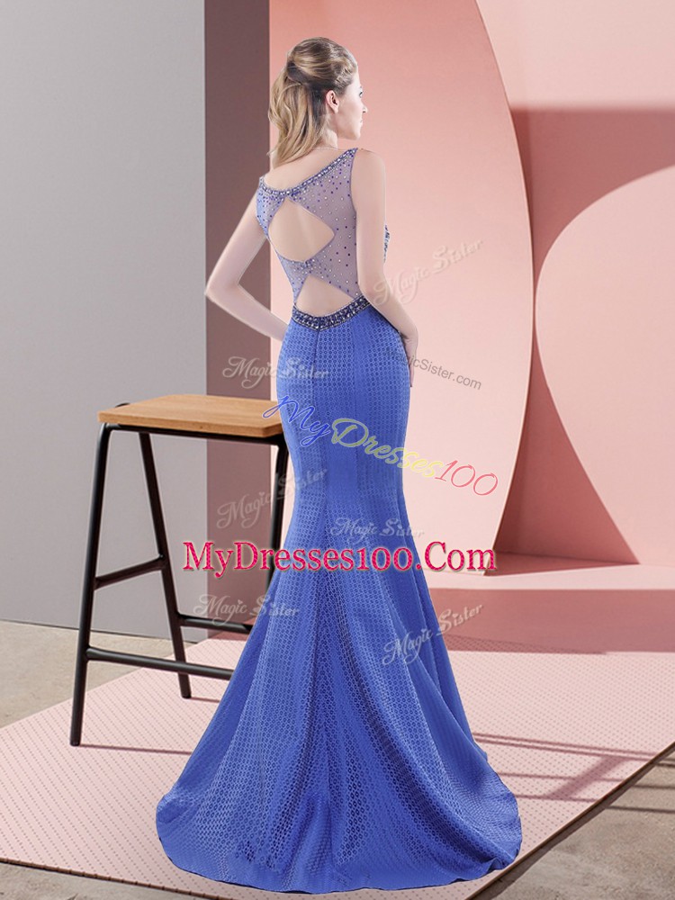Sleeveless Sweep Train Beading Backless Prom Dresses