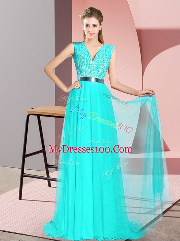 Fine Sleeveless Sweep Train Beading and Lace Zipper Dress for Prom