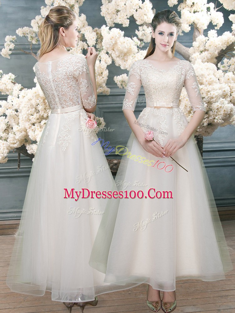 White Organza Zipper Formal Evening Gowns Half Sleeves Lace