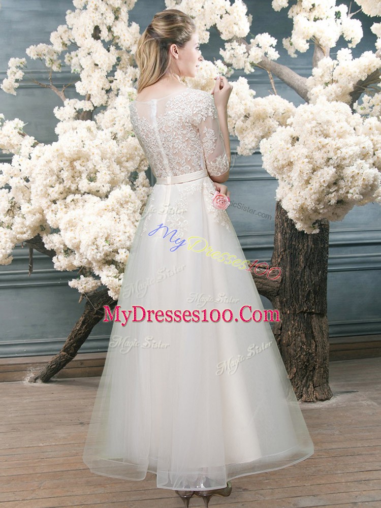 White Organza Zipper Formal Evening Gowns Half Sleeves Lace