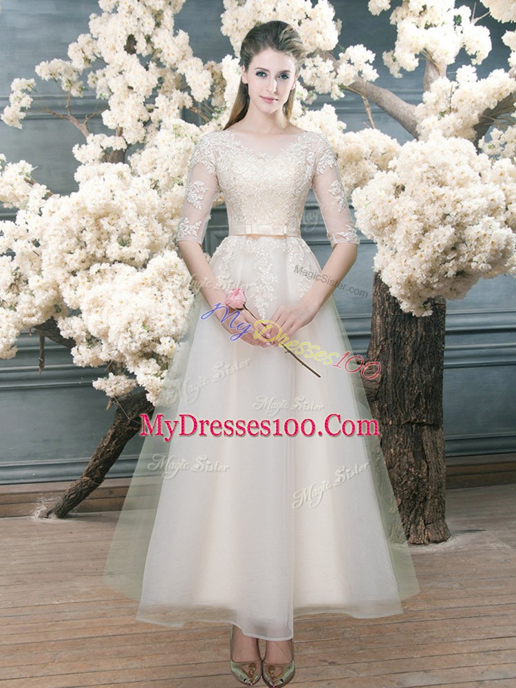 White Organza Zipper Formal Evening Gowns Half Sleeves Lace
