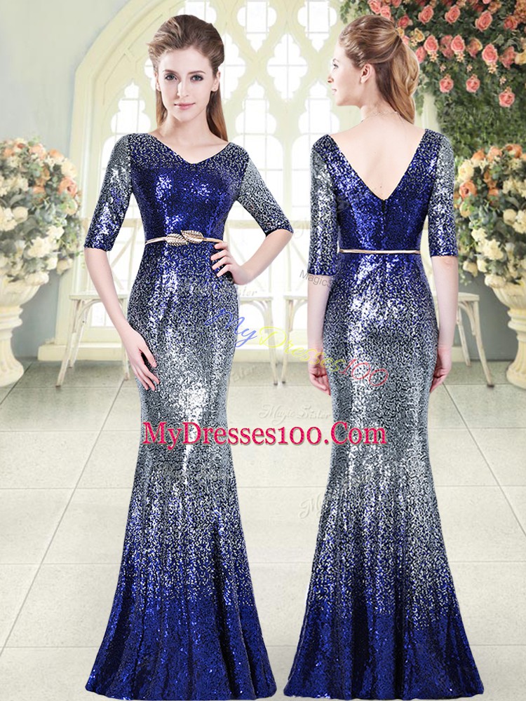 Classical Floor Length Zipper Royal Blue for Prom and Party and Military Ball with Belt