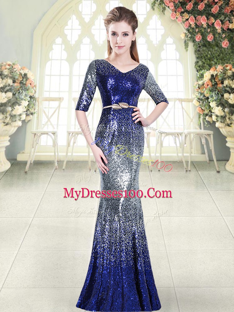 Classical Floor Length Zipper Royal Blue for Prom and Party and Military Ball with Belt