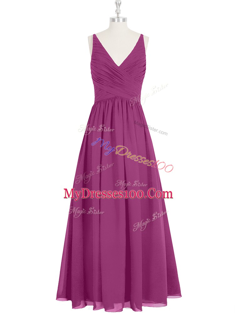 Perfect Floor Length Fuchsia Prom Evening Gown V-neck Sleeveless Zipper
