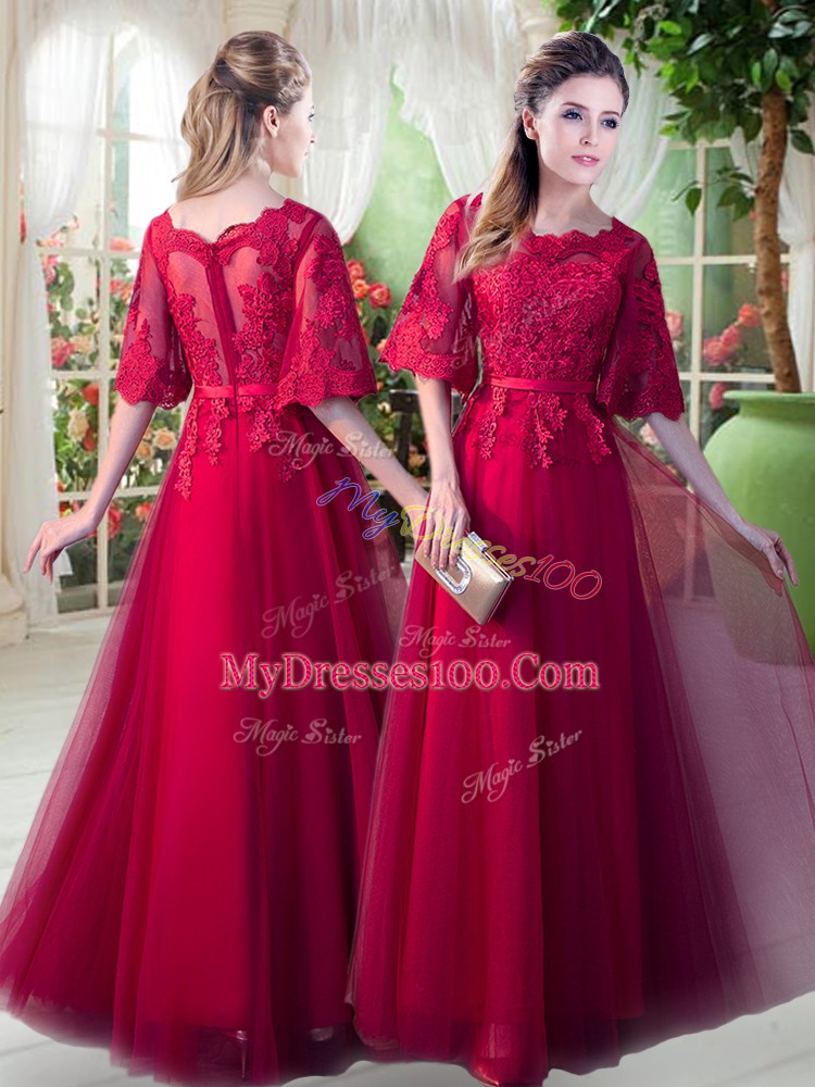 Stylish Red Tulle Zipper Dress for Prom Half Sleeves Floor Length Appliques