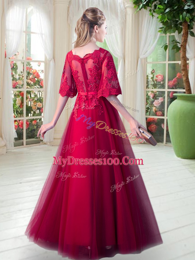 Stylish Red Tulle Zipper Dress for Prom Half Sleeves Floor Length Appliques