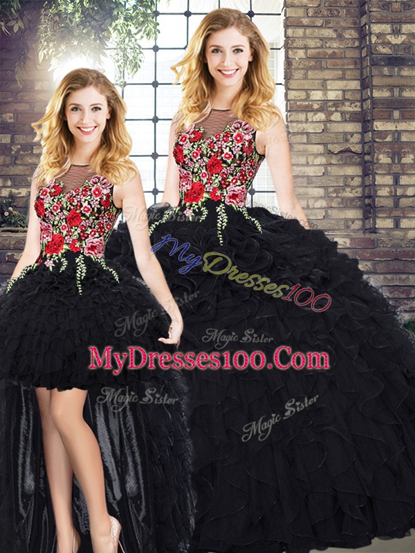 Sweet Floor Length Black Quince Ball Gowns Organza Sleeveless Embroidery and Ruffles