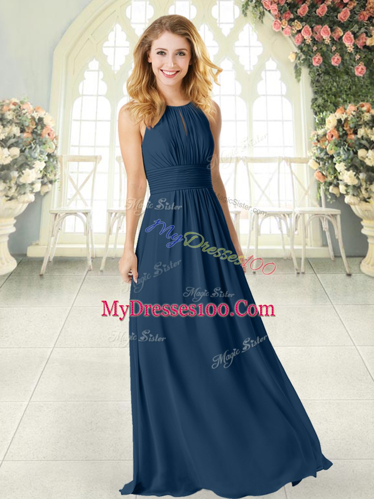 Noble Navy Blue Scoop Neckline Ruching Prom Party Dress Sleeveless Zipper