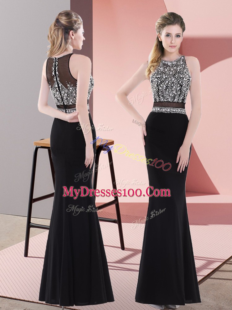Black Chiffon Zipper Womens Evening Dresses Sleeveless Floor Length Beading