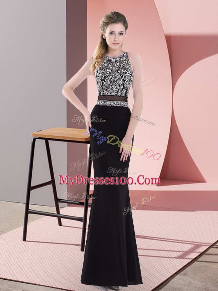 Black Chiffon Zipper Womens Evening Dresses Sleeveless Floor Length Beading