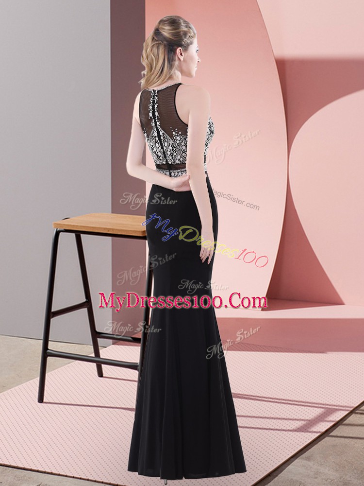 Black Chiffon Zipper Womens Evening Dresses Sleeveless Floor Length Beading