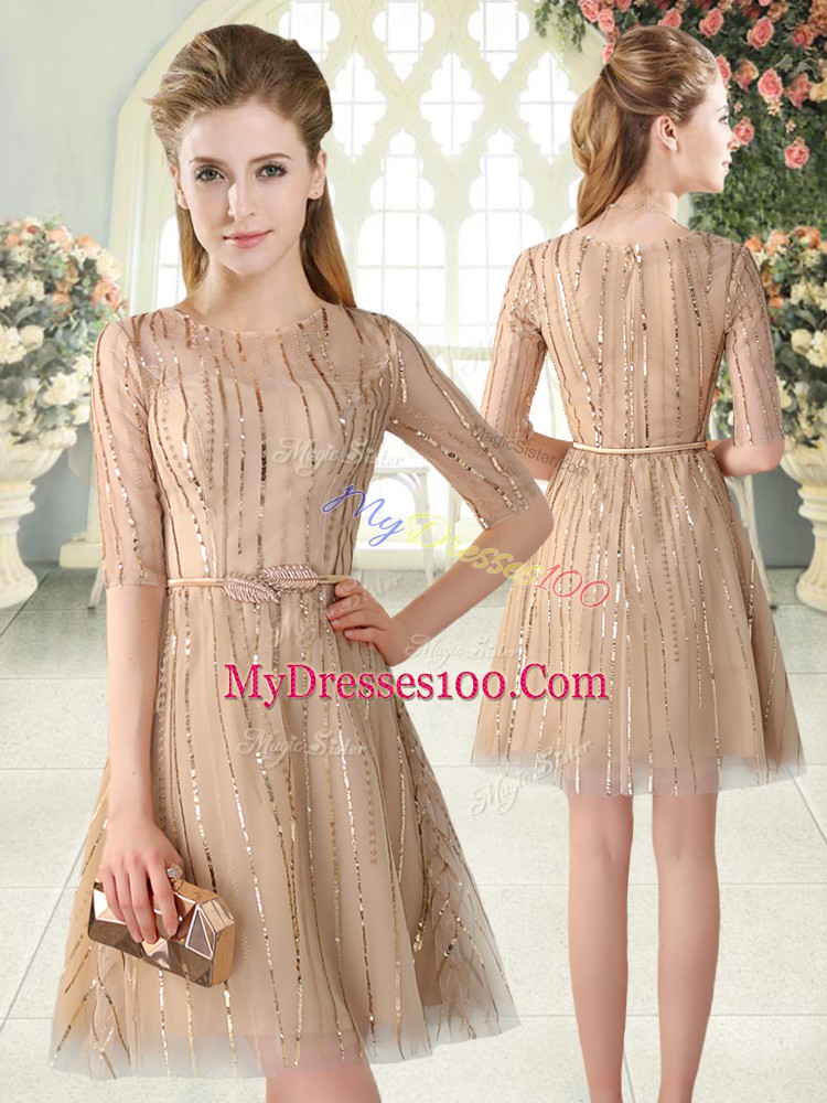 Champagne A-line Sequins Dress for Prom Zipper Tulle Half Sleeves Mini Length