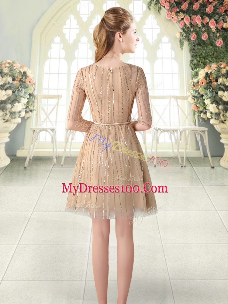 Champagne A-line Sequins Dress for Prom Zipper Tulle Half Sleeves Mini Length