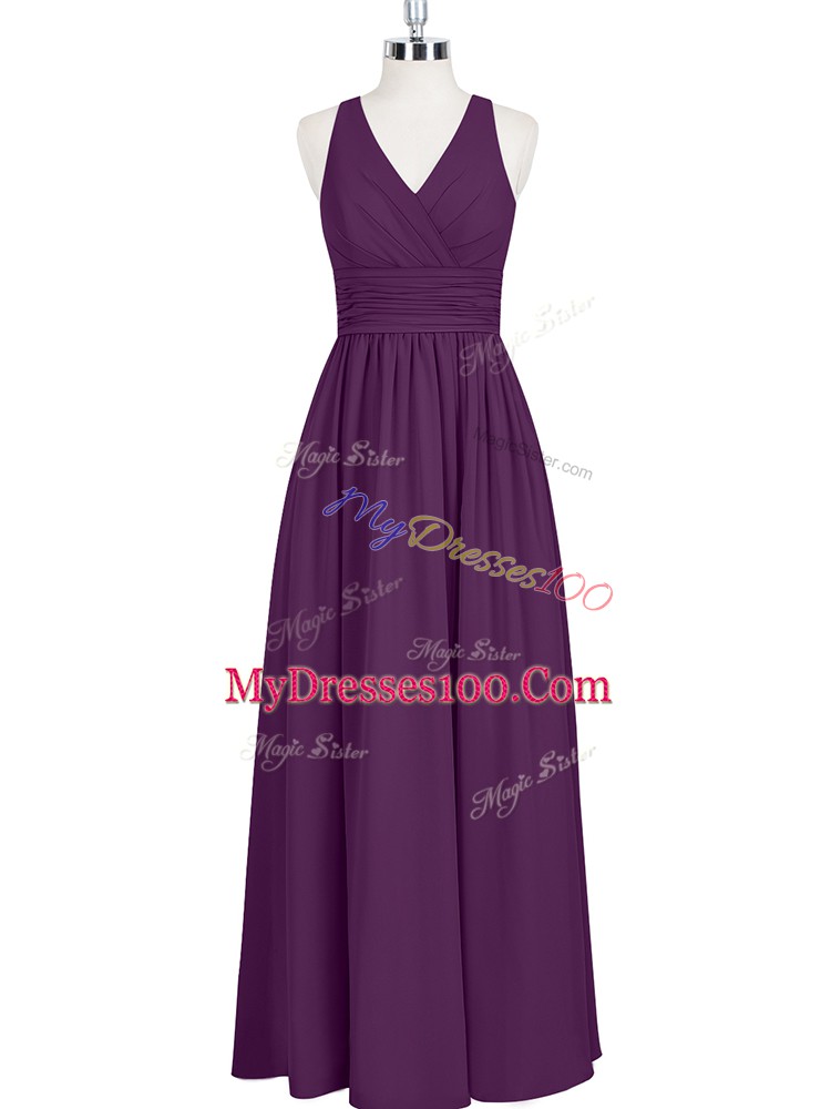 Glamorous Eggplant Purple Sleeveless Floor Length Ruching Zipper Prom Gown
