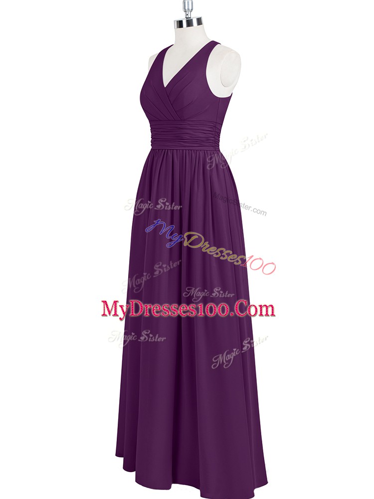 Glamorous Eggplant Purple Sleeveless Floor Length Ruching Zipper Prom Gown