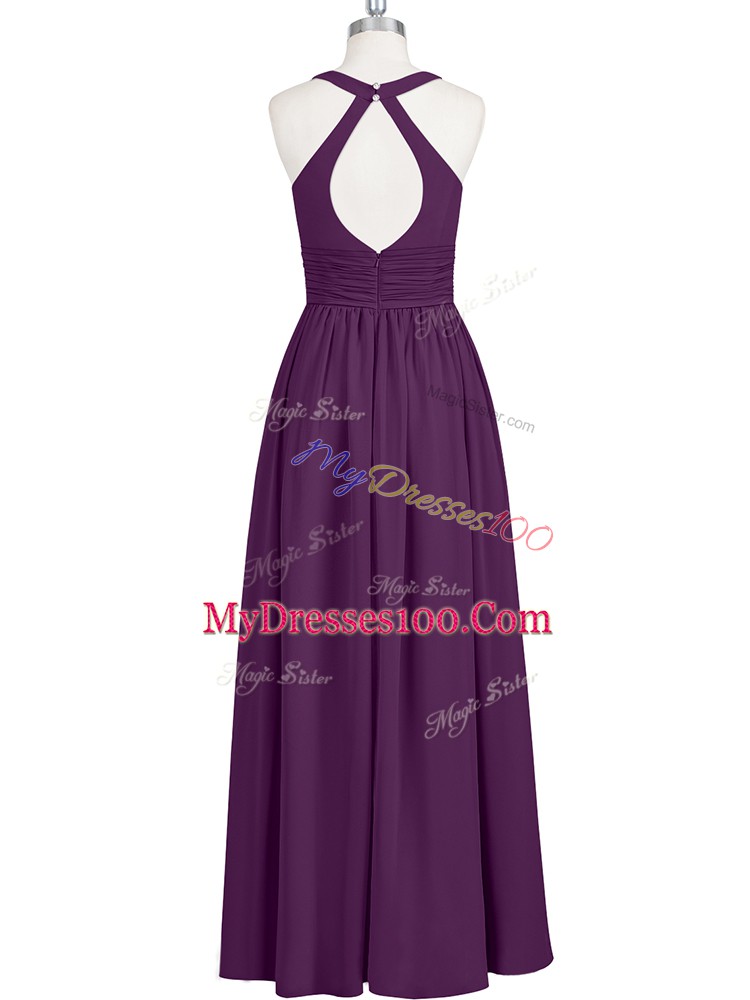 Glamorous Eggplant Purple Sleeveless Floor Length Ruching Zipper Prom Gown