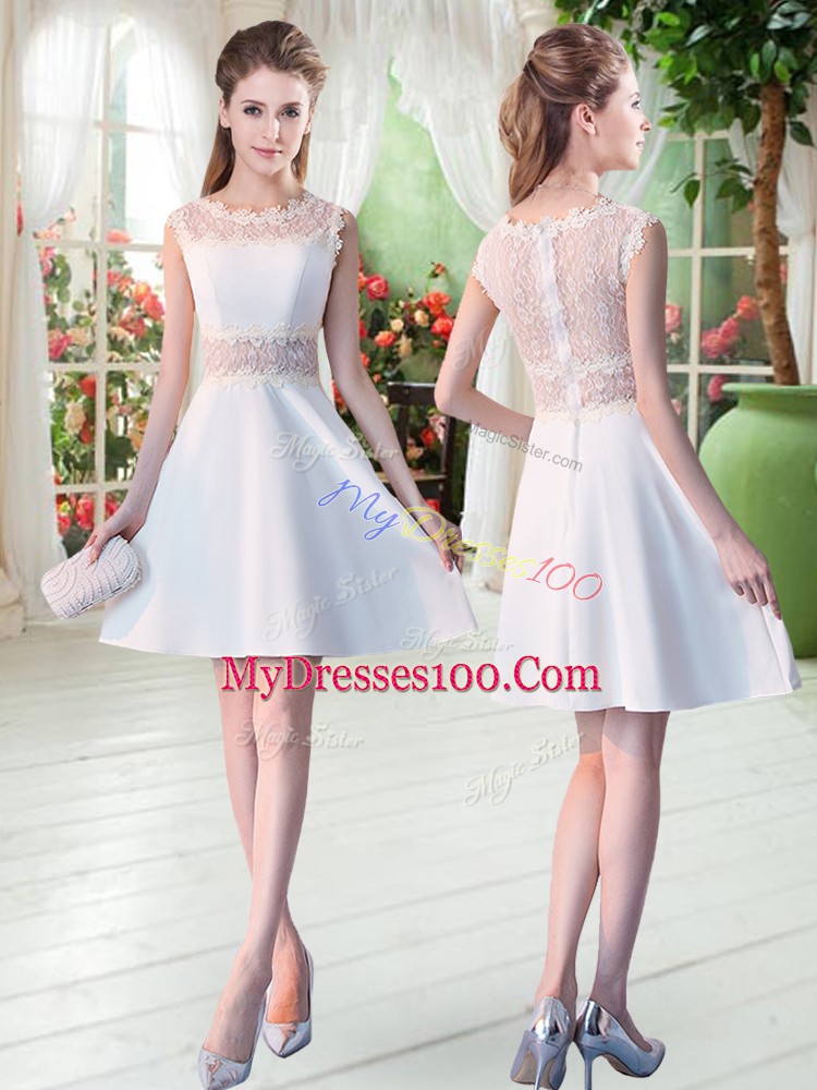 Scoop Sleeveless Mini Length Lace White Satin