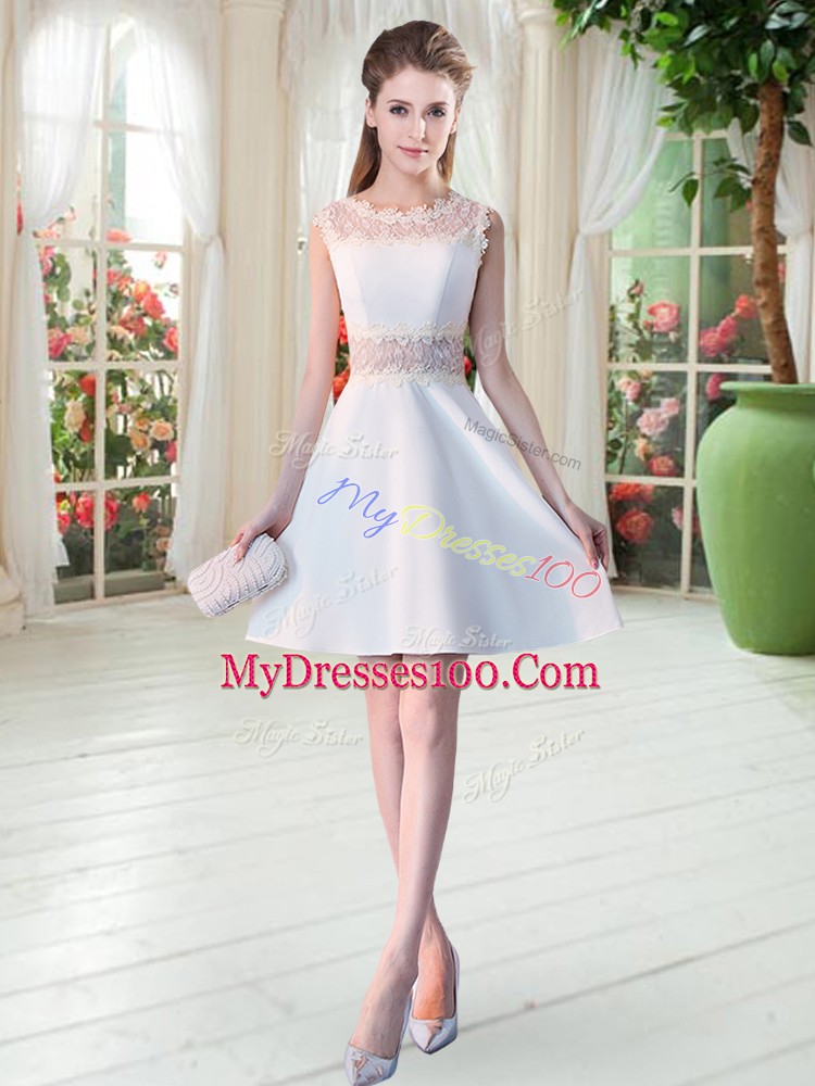 Scoop Sleeveless Mini Length Lace White Satin