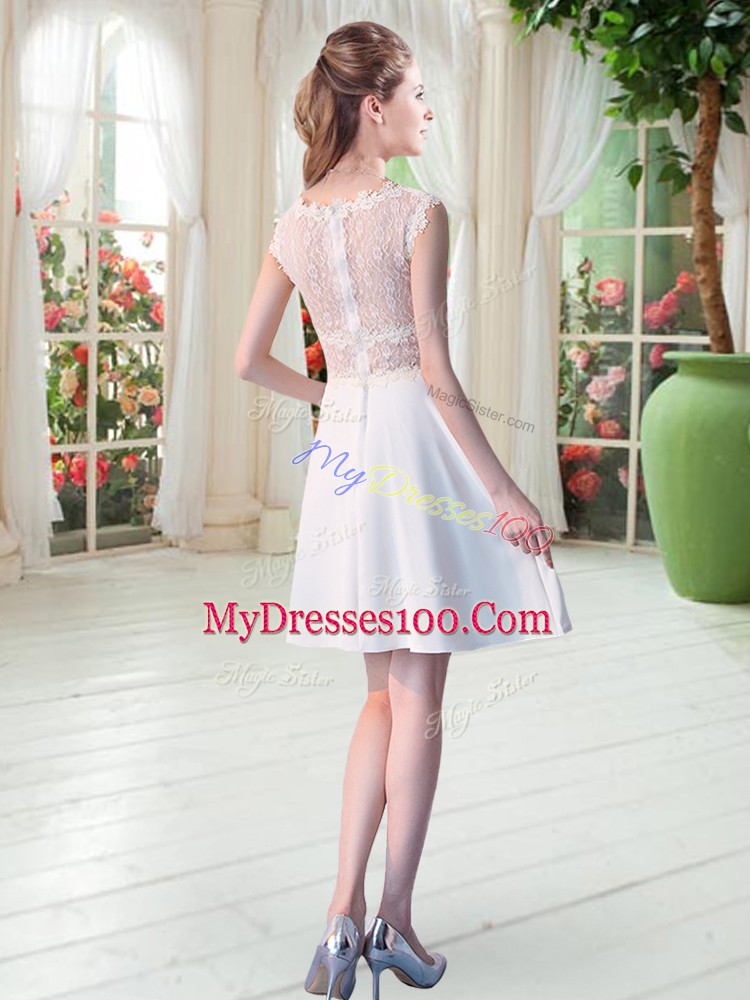 Scoop Sleeveless Mini Length Lace White Satin