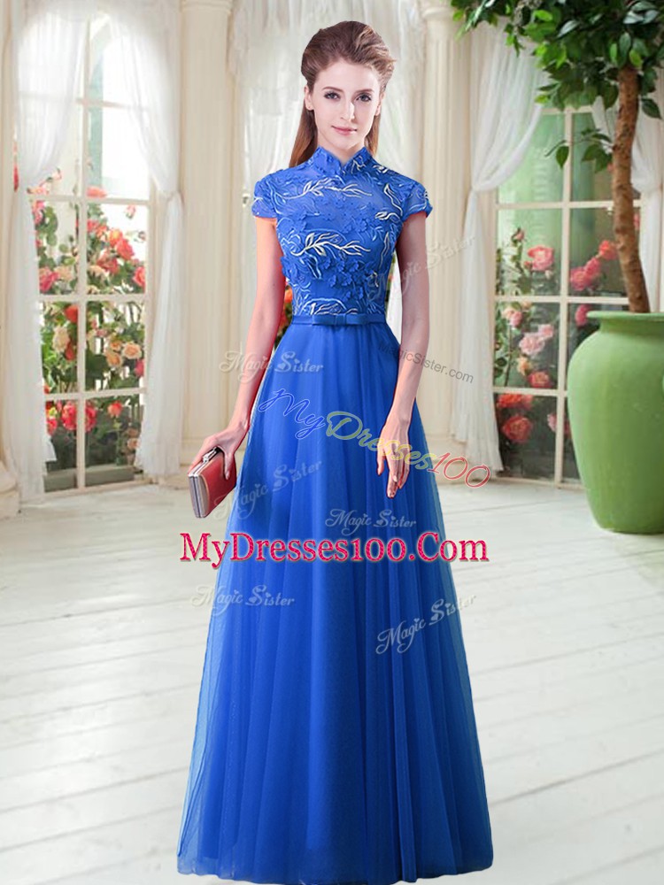 Stunning Royal Blue Cap Sleeves Tulle Lace Up Prom Dresses for Prom